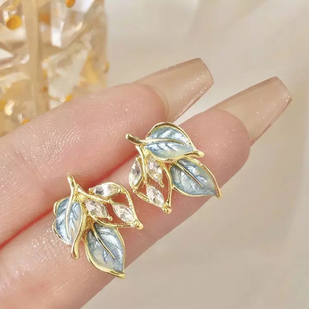 NWOT - Elegant Gold and Blue Leaf Earrings